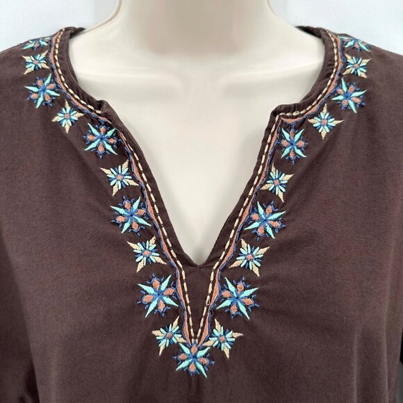 Talbots Womens Embroidered Brown 3/4 Sleeve V-Neck Stretch Top Size XL - Picture 3 of 9